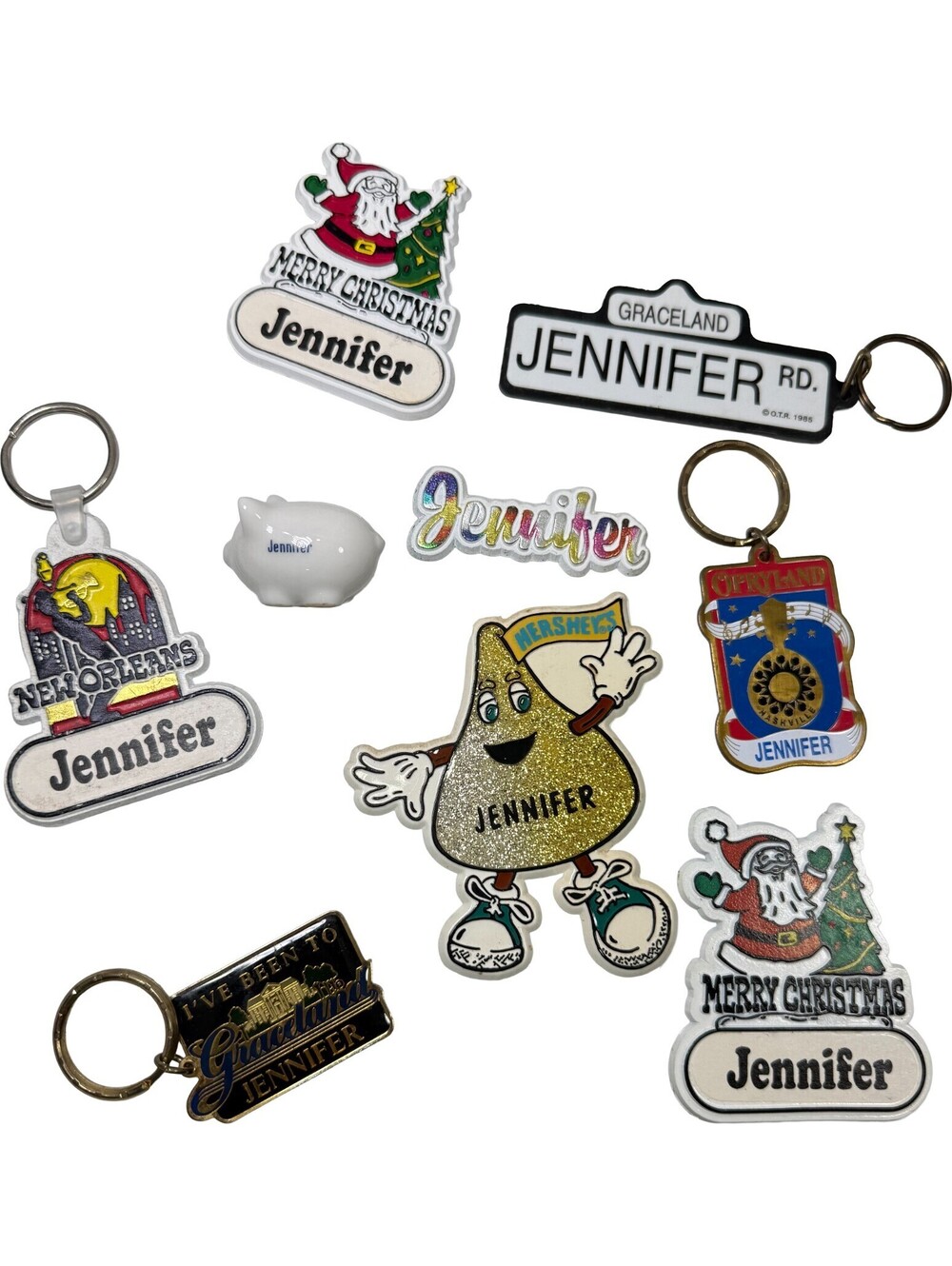 9 pc Lot Vintage JENNIFER Personalized Magnets & Keychains Graceland Opryland ++